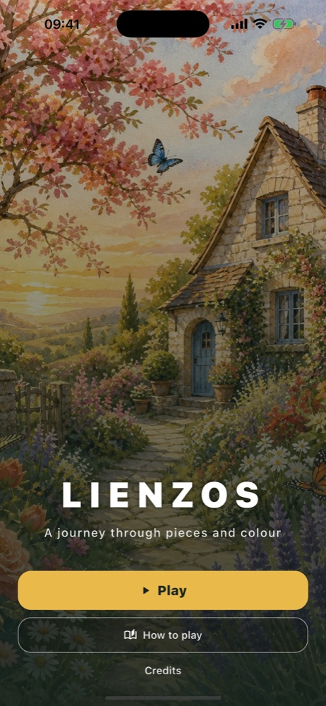 Lienzos home screen among flowers and a painted cottage
