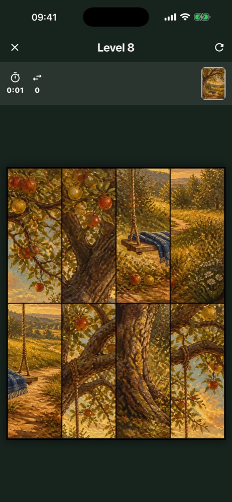A Lienzos puzzle rebuilding a swing beneath an apple tree